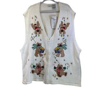 White Stage Womens 26/28W White Embroidery Vest Teddy Bear Christmas Zipper